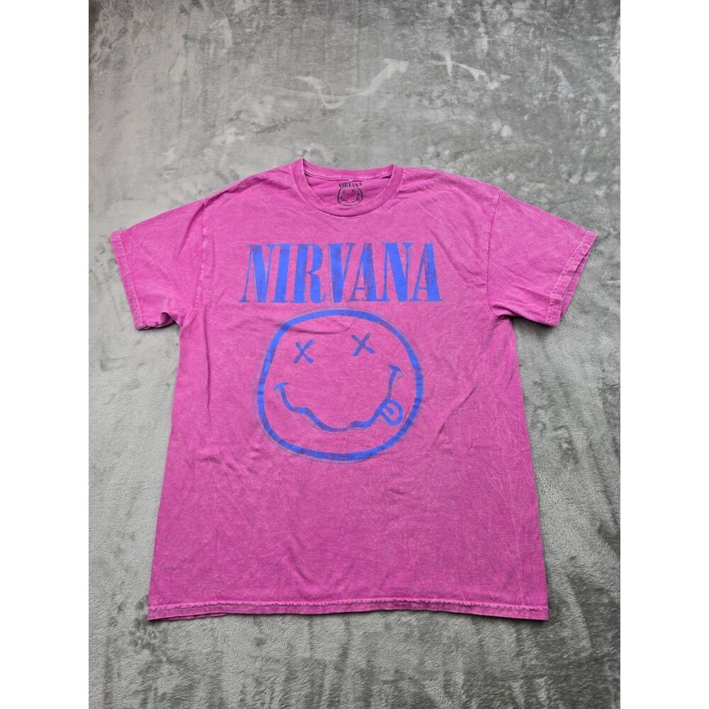 Nirvana Women Size L Pink Happy Face Graphic Print Tee T-Shirt Vintage Style